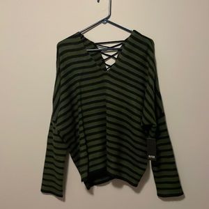 Green and black striped sweater; size L